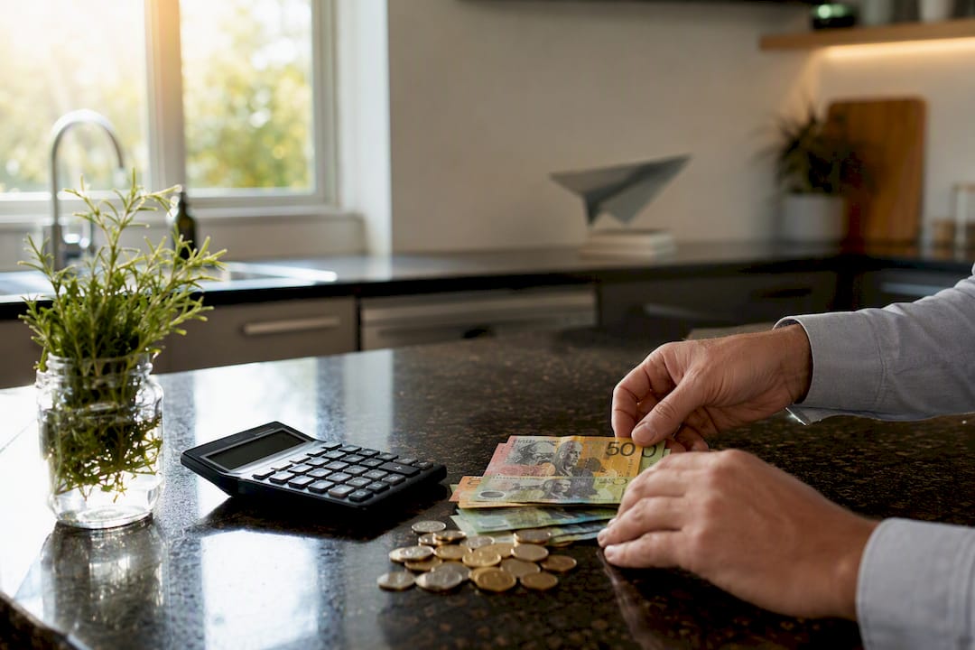 Hands arranging Australian currency and calculator