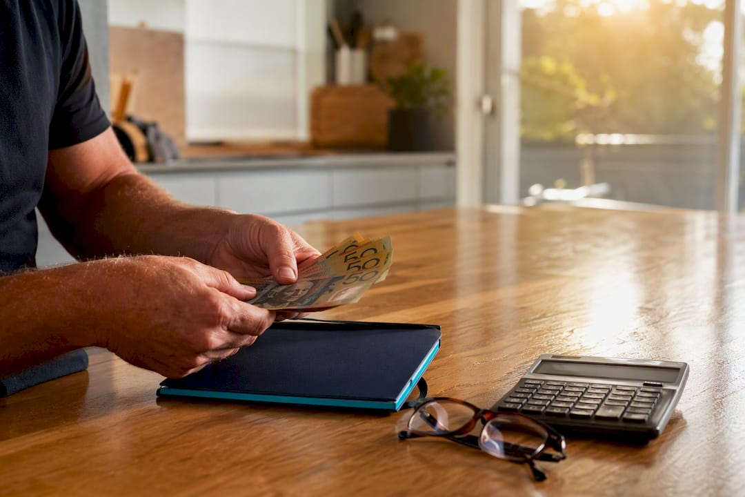 Hands placing Australian banknotes on table
