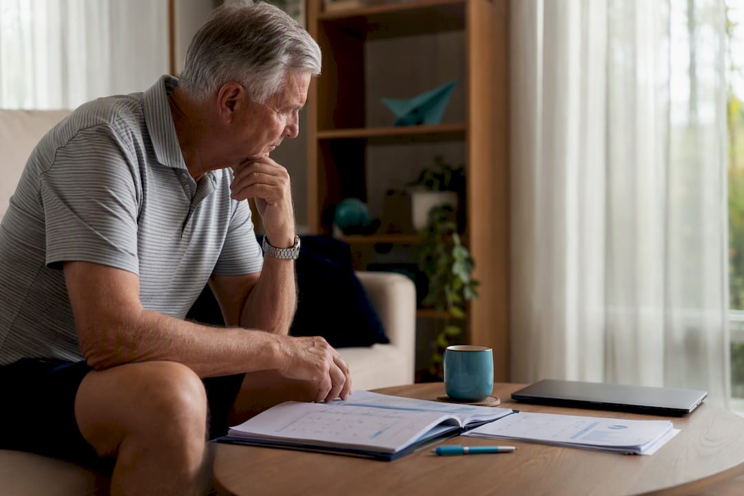 Retiree reviewing financial charts at home table