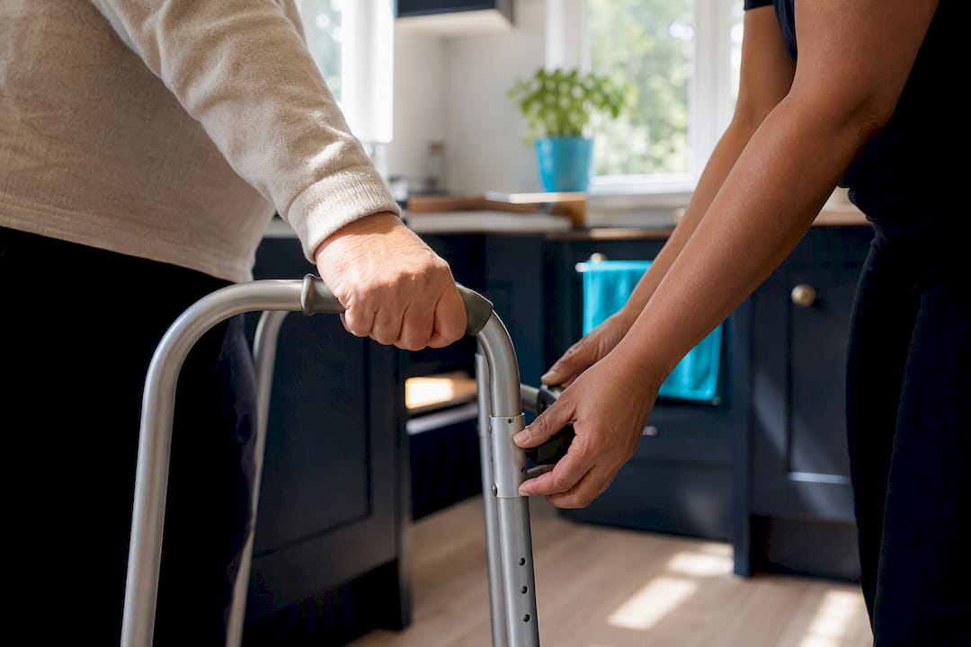 Home care aide adjusting walking frame for elderly