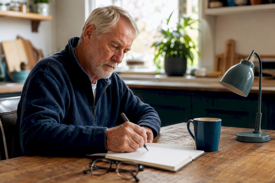 Hand writing work hours log in notebook