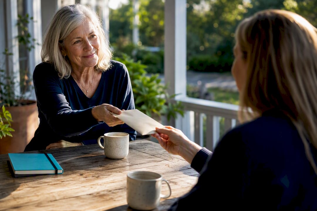 Retiree handing financial gift to daughter