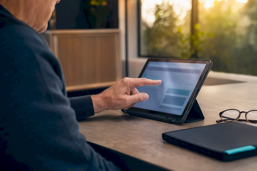 Retiree checking superannuation details on tablet