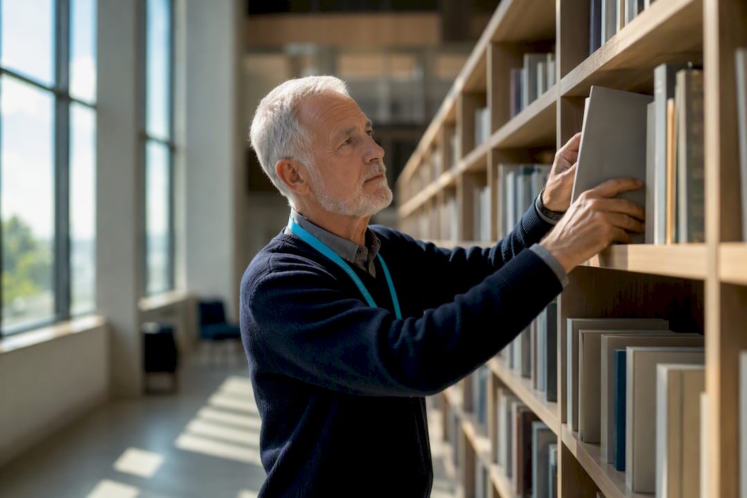 Older worker shelving books during part-time shift