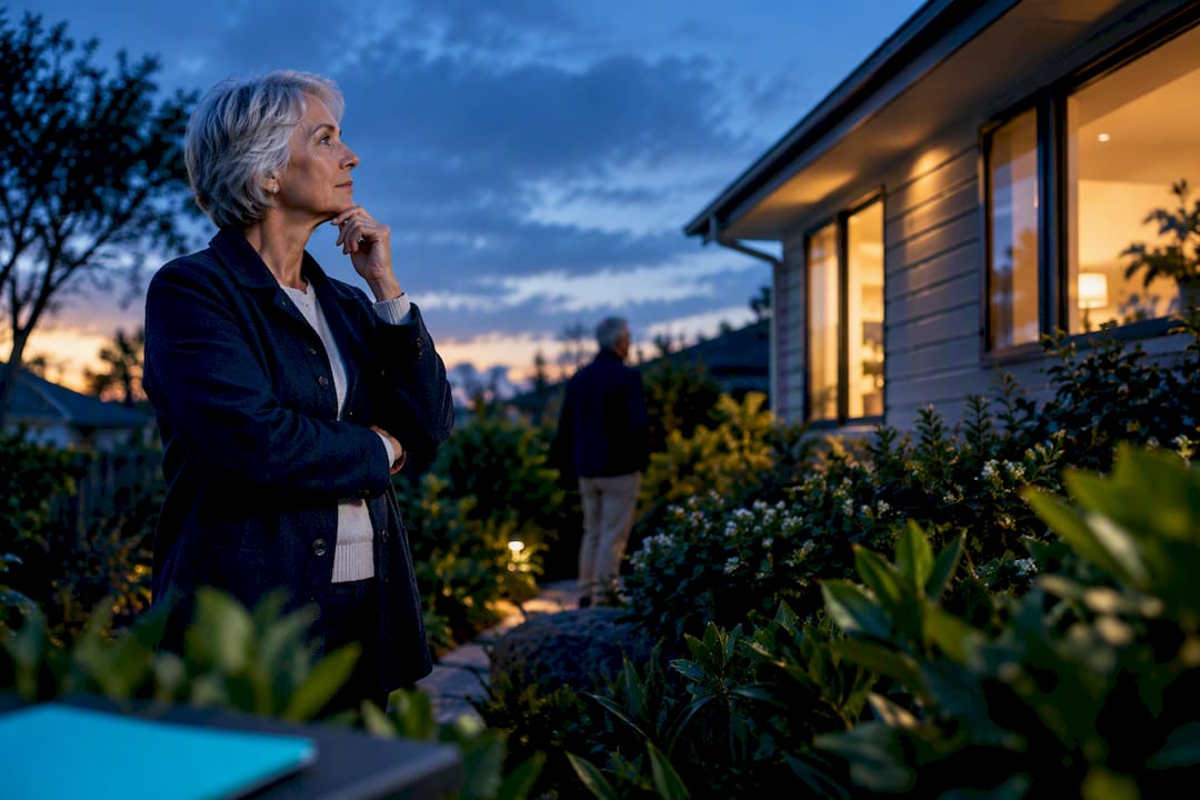 Retiree assessing an investment property at dusk