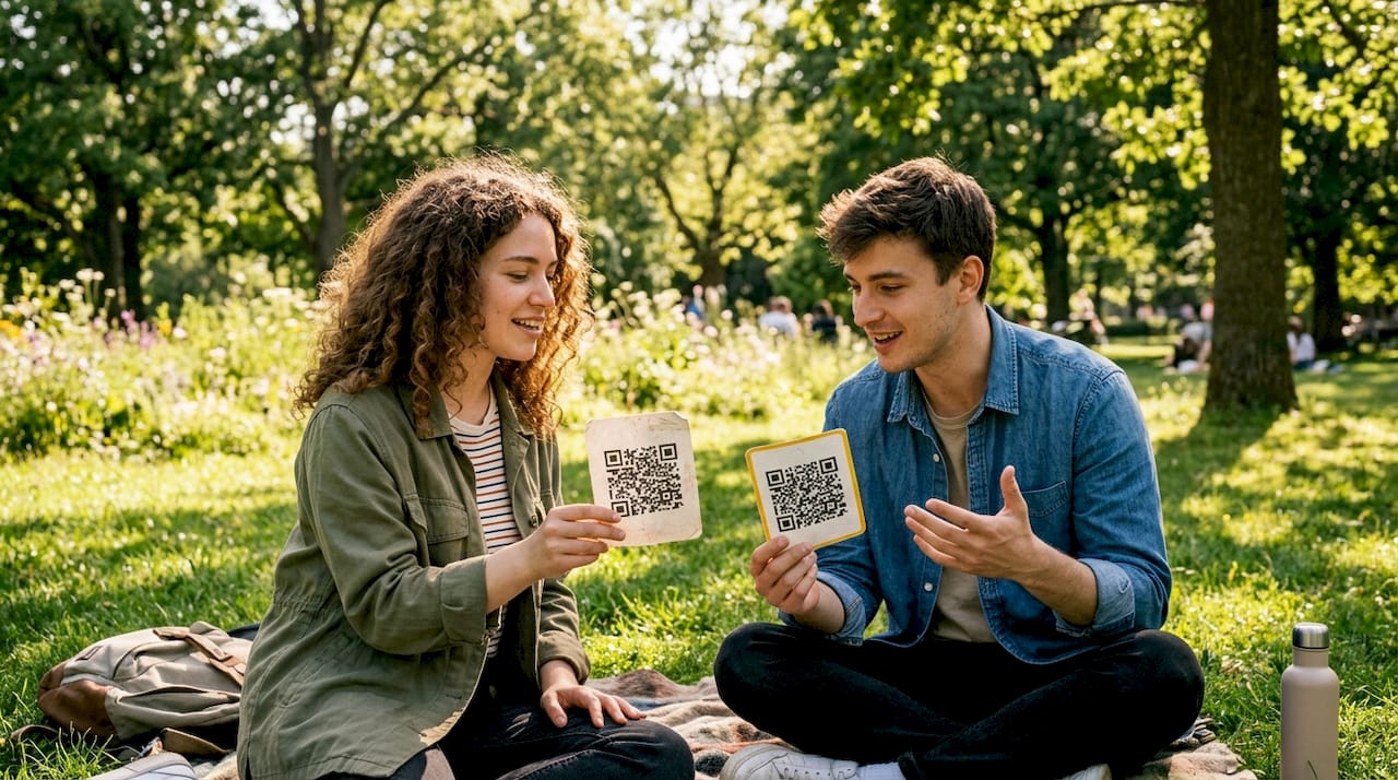 Hands holding static and dynamic QR code cards