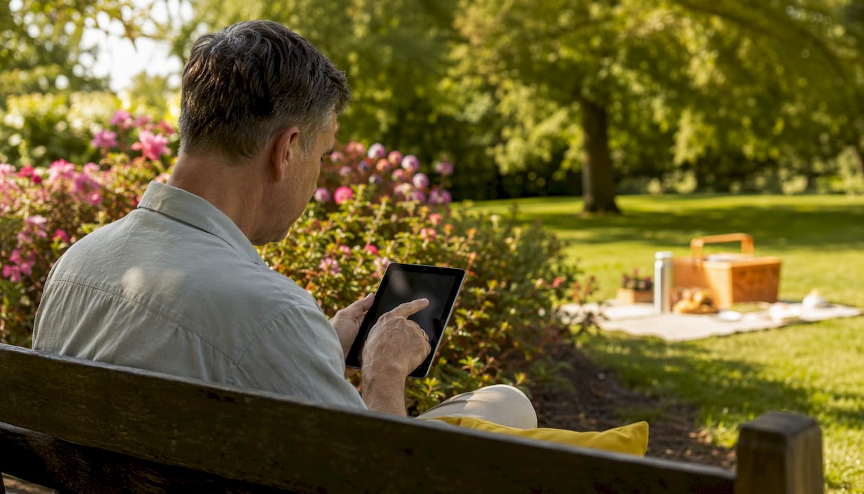 Hands navigating digital guest list on tablet