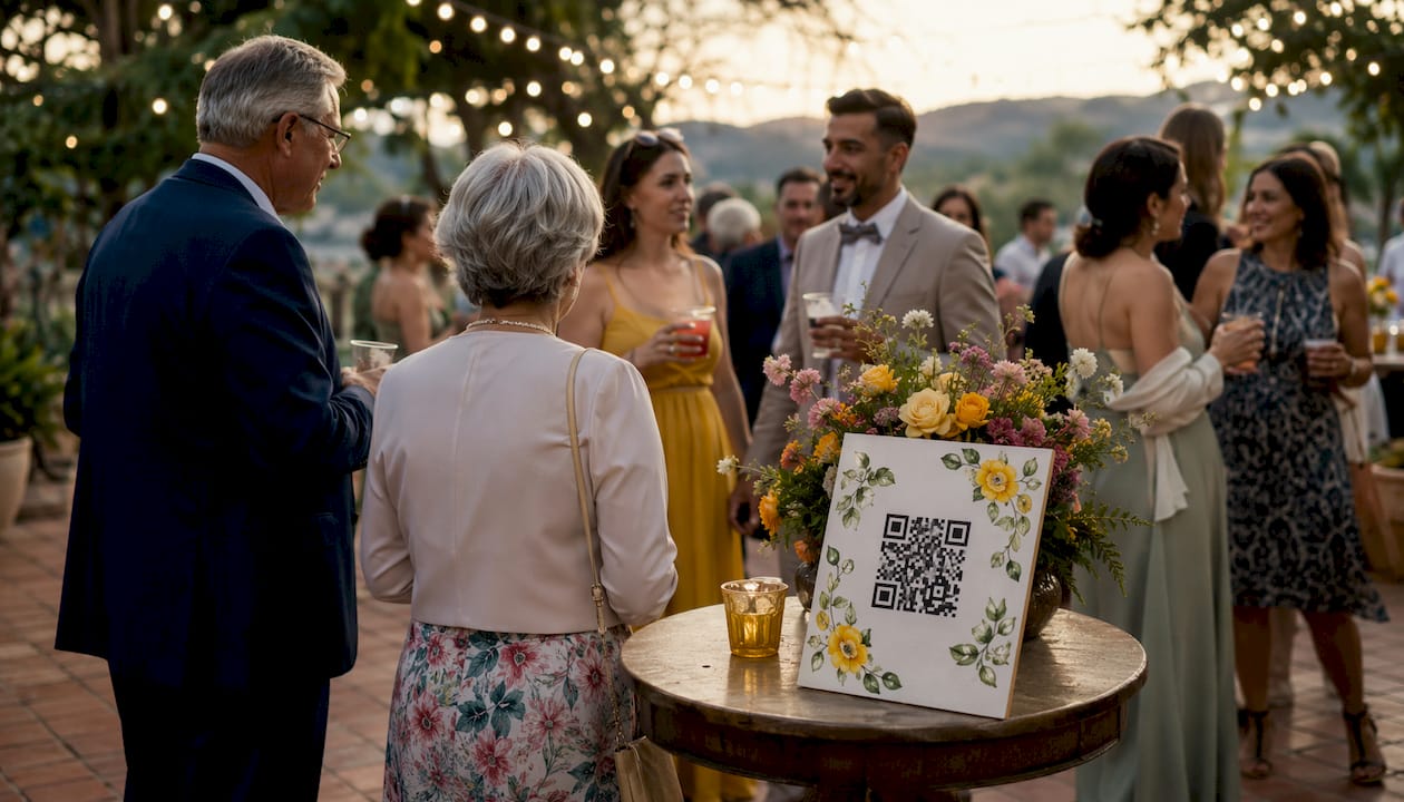 Wedding guests near QR code photo sharing station