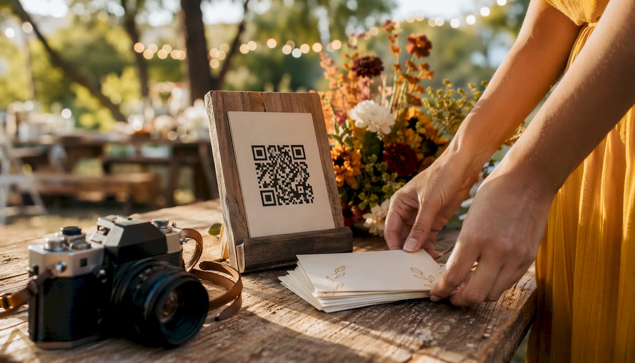 Hands arranging wedding photo sharing QR code display