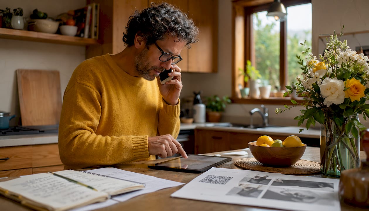 Man coordinating wedding QR code tools at home office