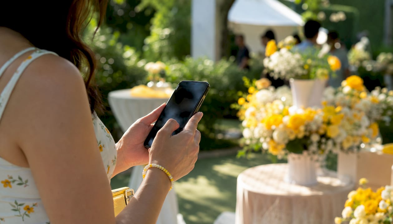 Guest uploading photos on smartphone at event