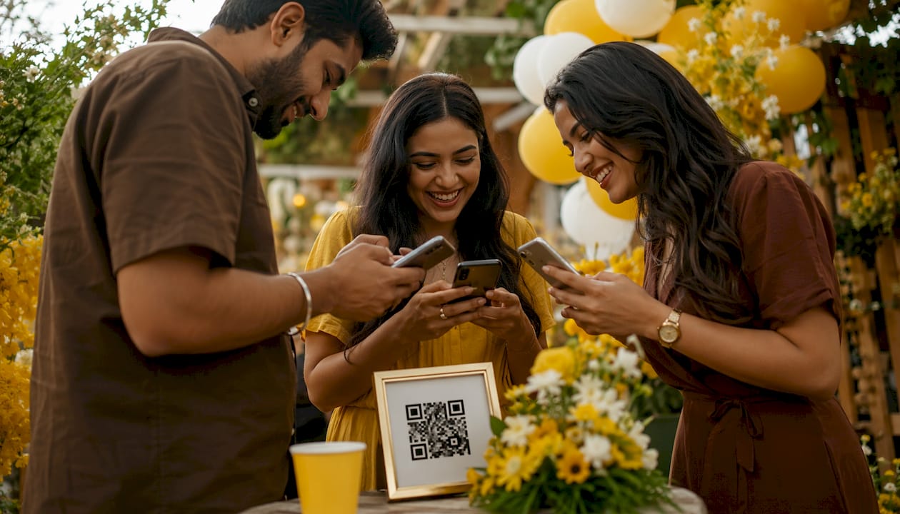 Guests uploading party photos via QR
