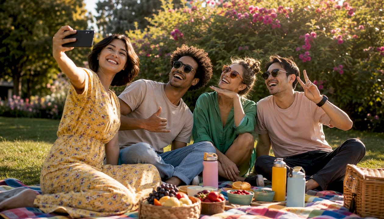 Friends taking group photo outdoors