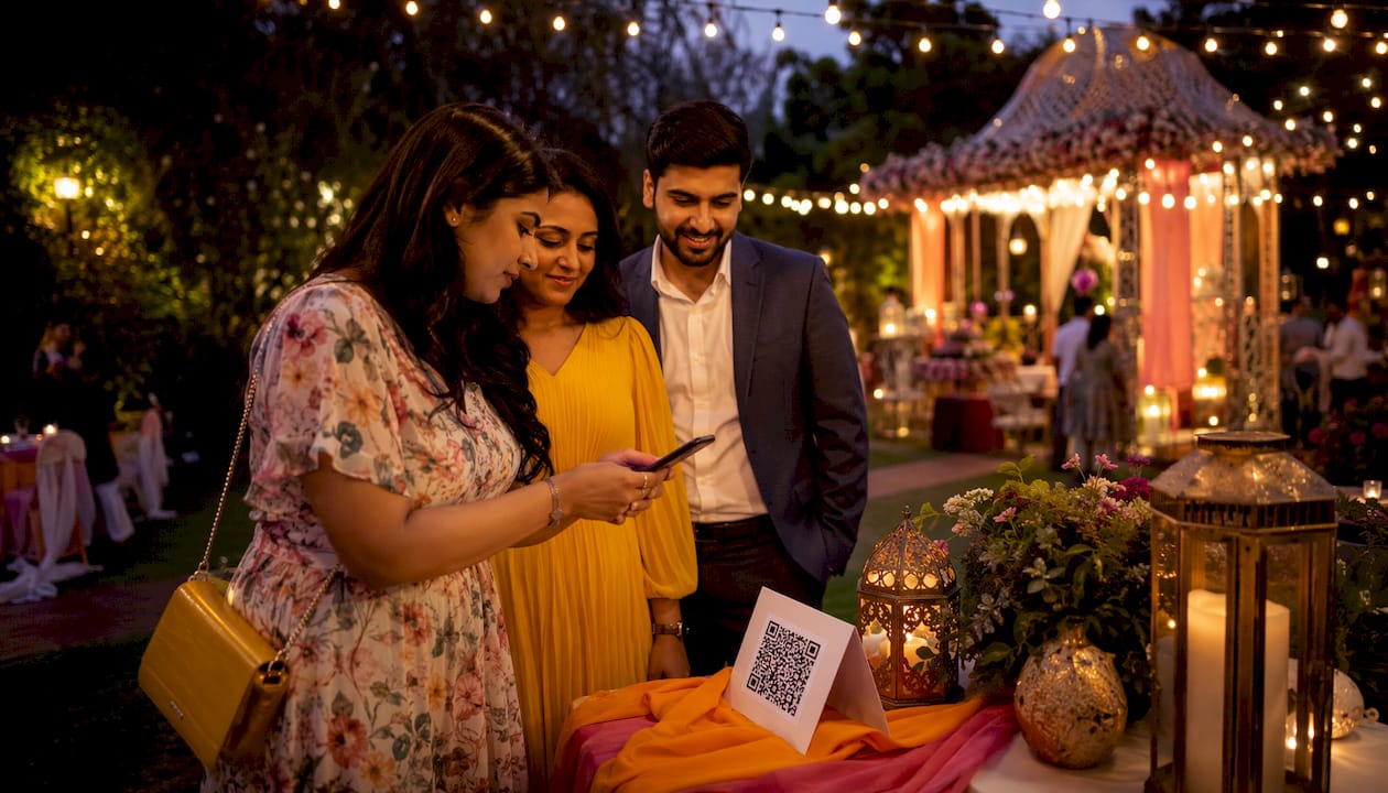 Guests scanning QR code to upload photos