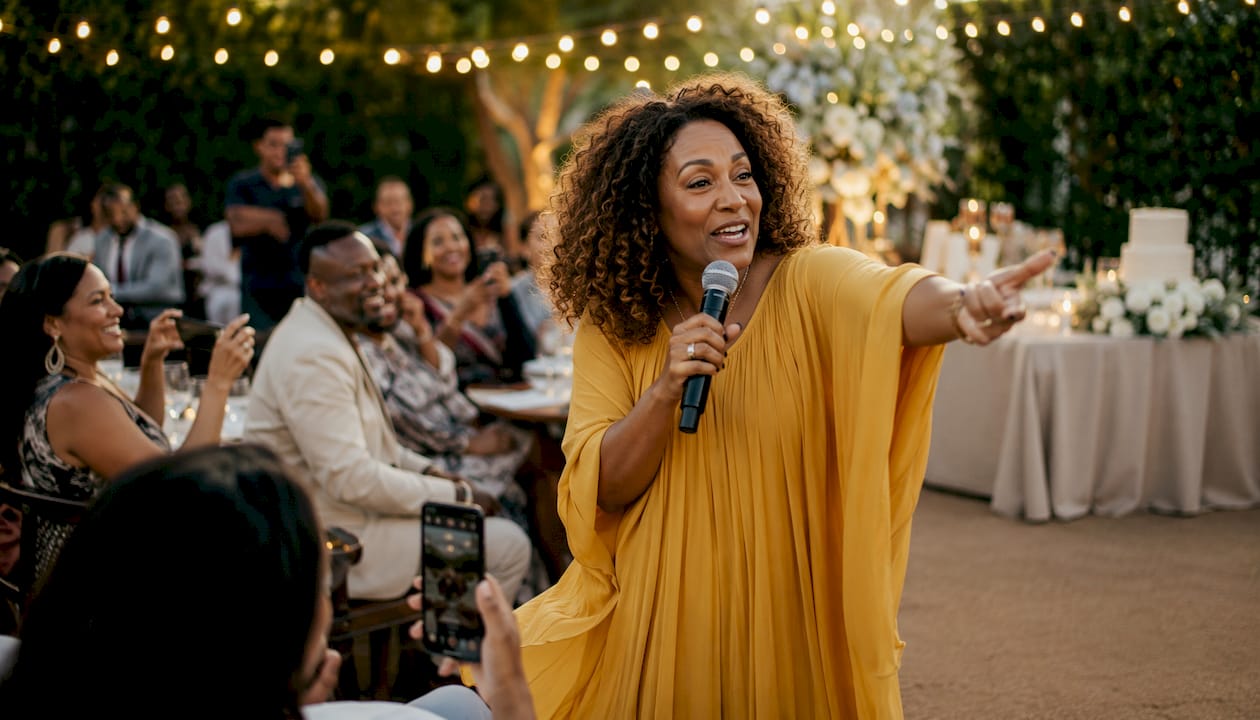 Wedding emcee encouraging photo uploads