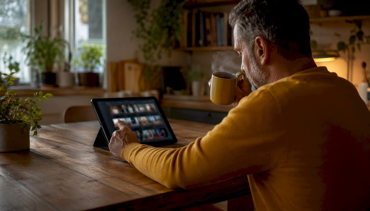 Host reviewing digital guestbook photos on tablet