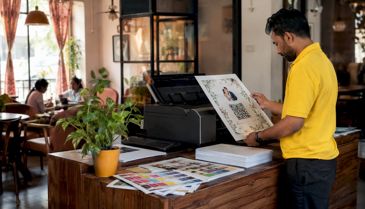 Print shop inspecting wedding QR code sign