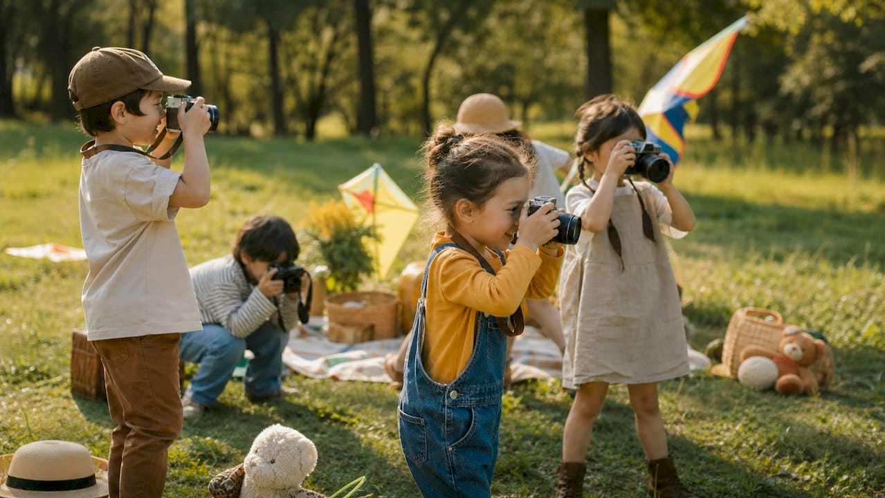 Children photographing playful subjects outdoors