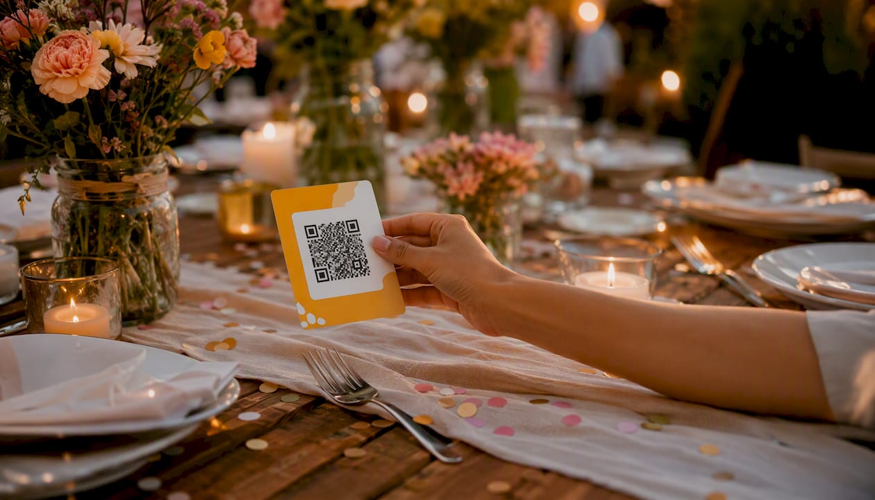 Hand holding QR code card at event table