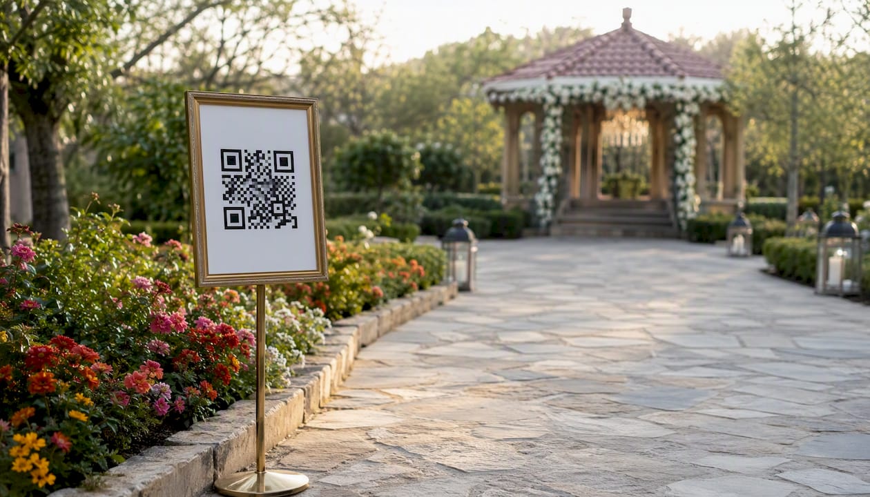 Wedding venue hallway with QR code sign placed correctly