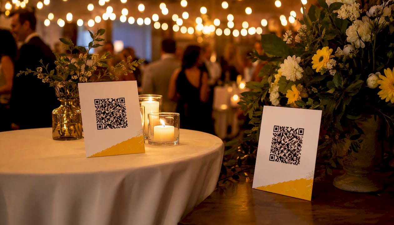 Two QR code signs on event tables