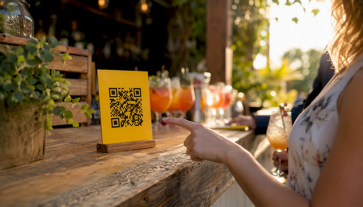 Yellow QR code sign on nonprofit event bar counter