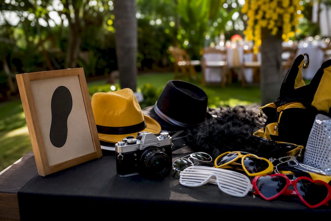 Wedding photo challenge setup with props