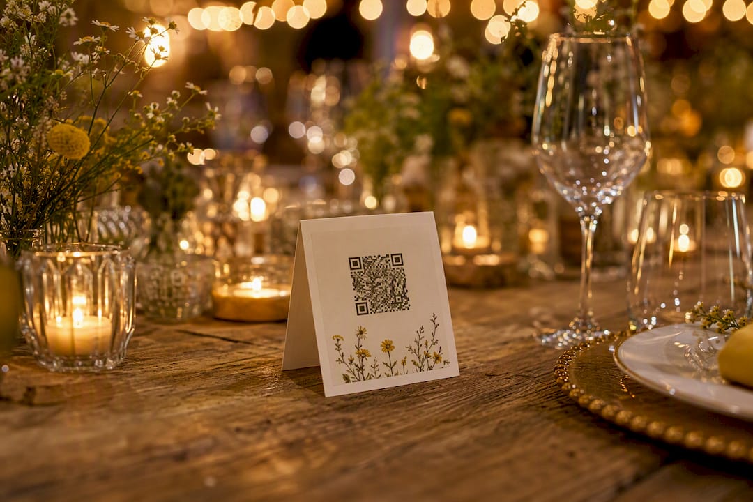 Wedding seating card showing QR code