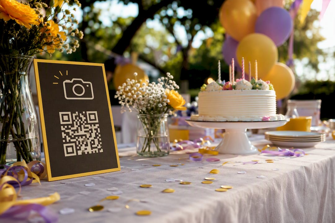 Birthday party photo sharing invitation card on table