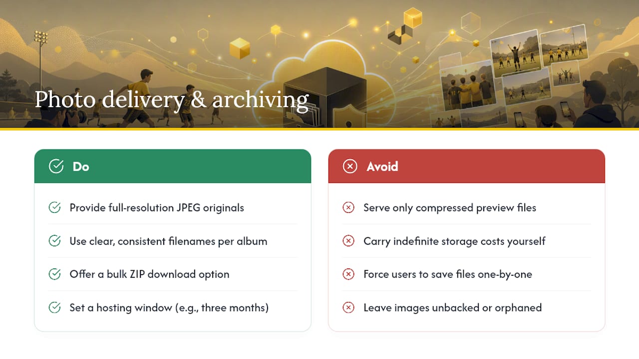 Delivering, printing, and archiving tournament photos — overview diagram