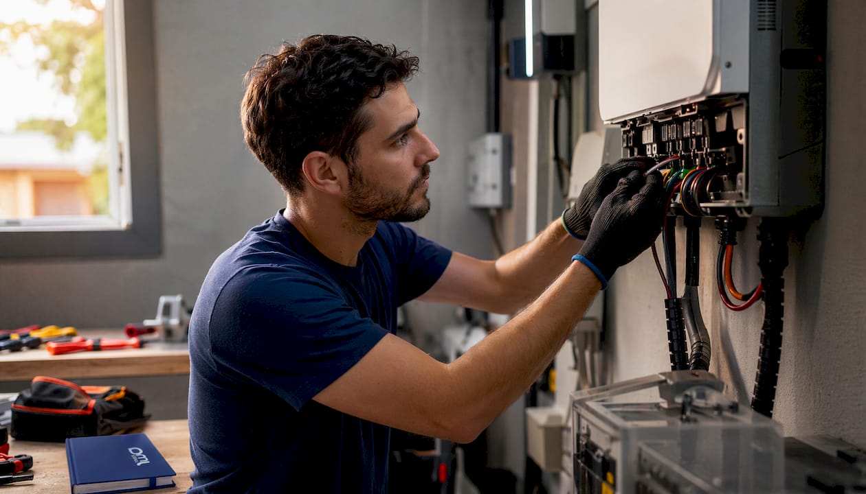 Un tecnico specializzato sta effettuando il controllo dell’inverter fotovoltaico all’interno del locale tecnico.