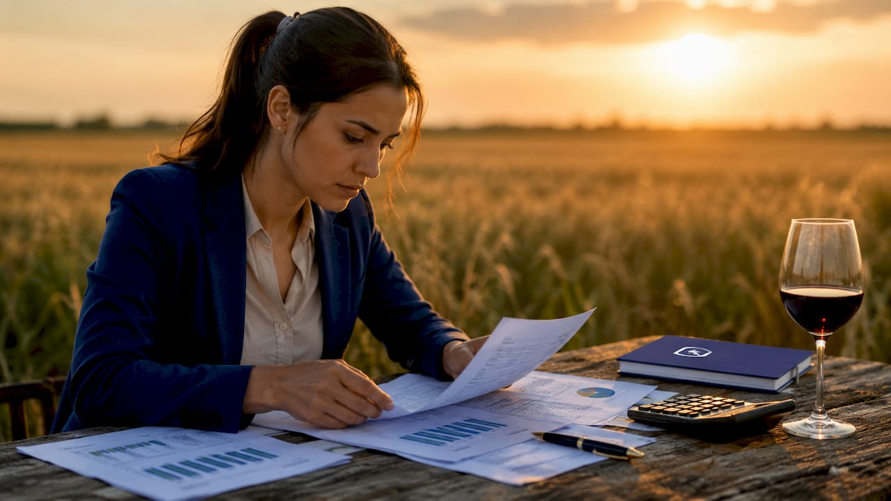 Mani che sfogliano e analizzano bilanci agricoli all’aperto, tra campi e natura.