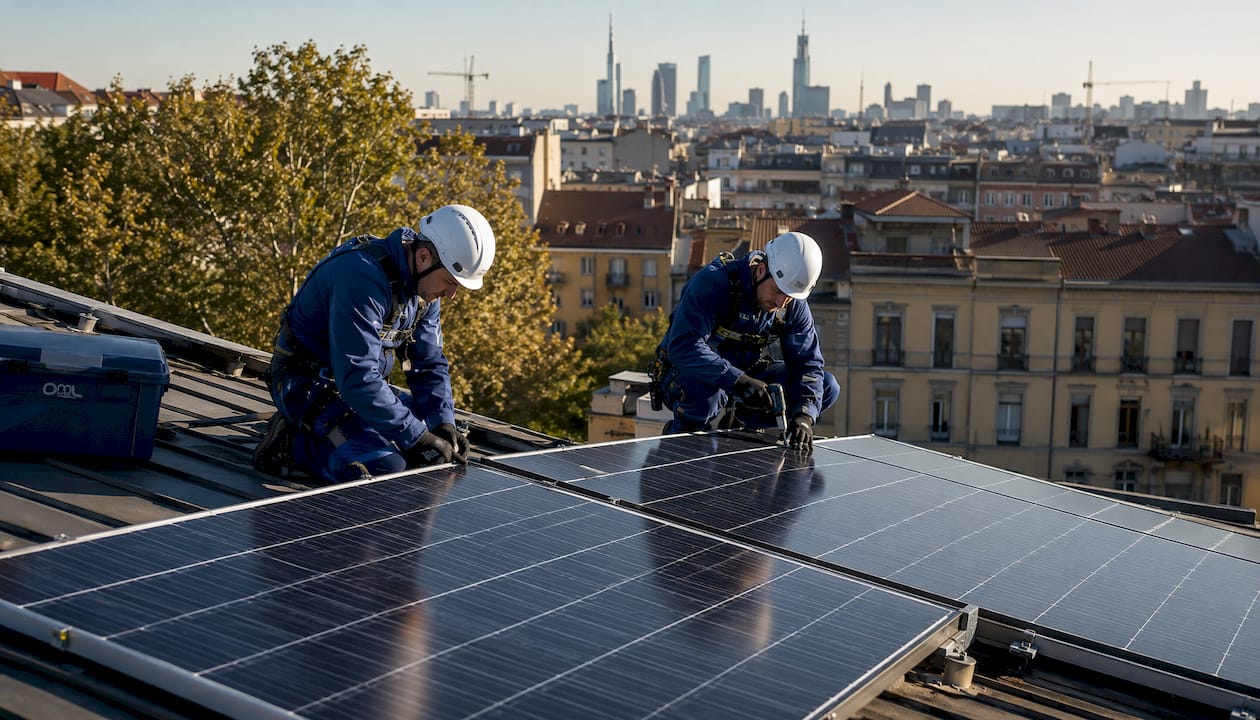 Una squadra di tecnici sta installando i pannelli solari sul tetto dell’edificio.