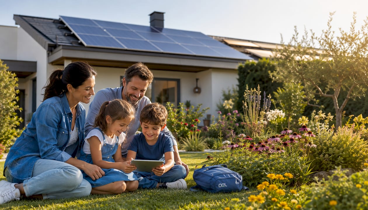 Una famiglia sorridente che gode dei benefici del fotovoltaico nella propria casa.