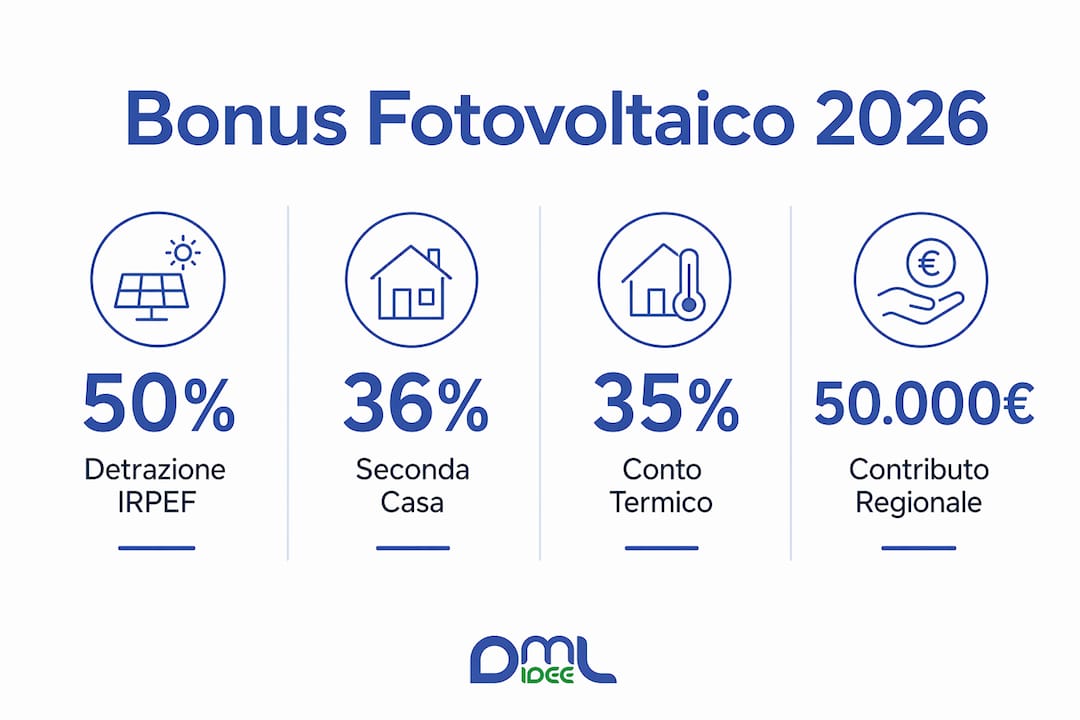 Scopri in un'infografica tutti i vantaggi del bonus fotovoltaico 2026: una panoramica chiara e completa dei benefici per chi sceglie l’energia solare.