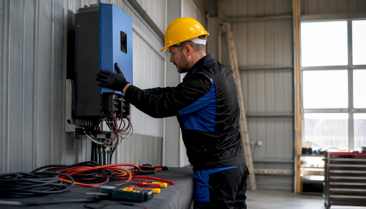 Un tecnico interviene per la sostituzione dell’inverter all’interno del locale tecnico dell’impianto fotovoltaico.