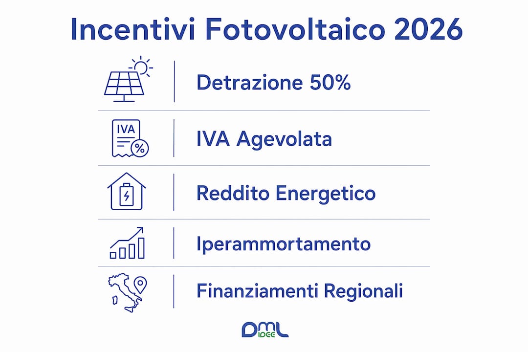 Grafica riepilogativa dei principali incentivi per l’installazione di pannelli solari previsti nel 2026