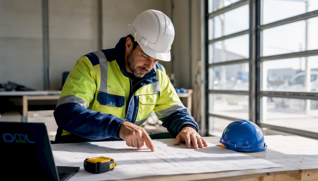 Un tecnico sta valutando i progetti per la ristrutturazione dell’edificio.
