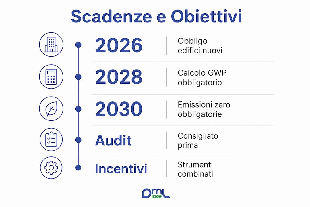 Infografica con tutte le scadenze e gli obiettivi chiave della direttiva sulle case green