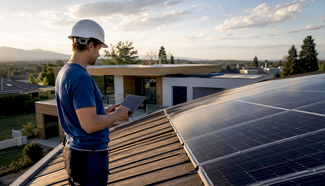 Un tecnico sta effettuando un controllo sui pannelli fotovoltaici installati sul tetto.