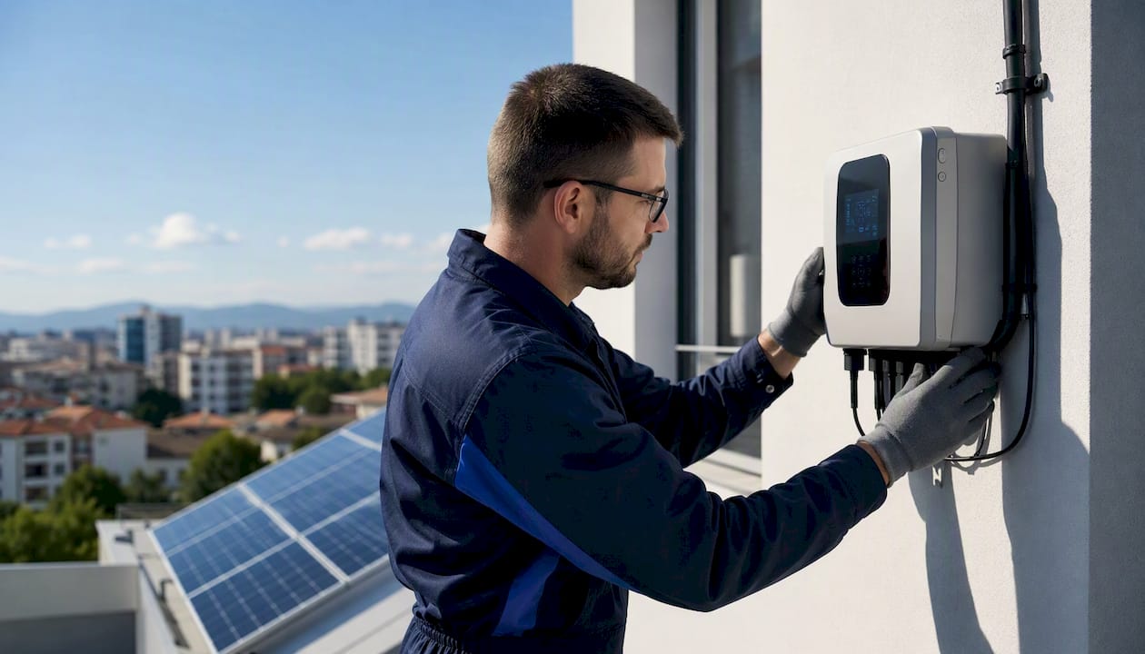 Un tecnico controlla il contatore dell’energia solare per assicurarsi che tutto funzioni correttamente.