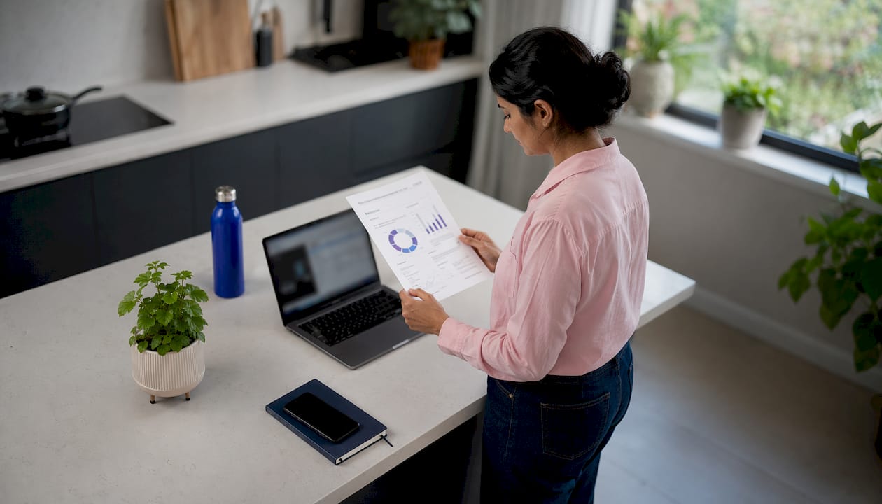 Woman reviewing AI search brand evaluation reports