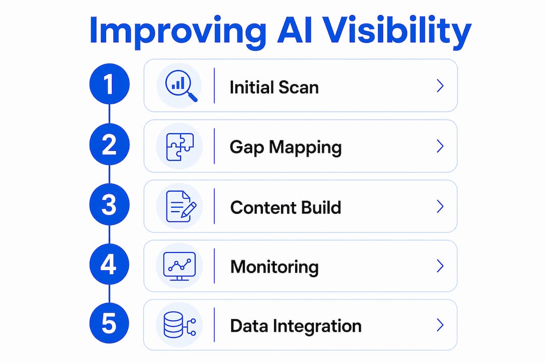 Flowchart infographic outlining steps to improve AI brand visibility