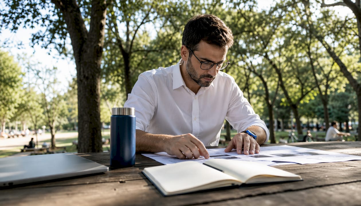 SEO analyst reviewing printed SERP results at desk