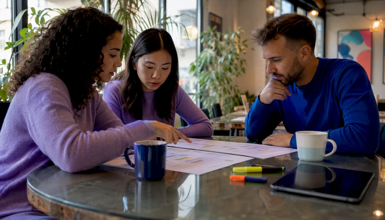 Group analyzing SEO content outlines in conference room