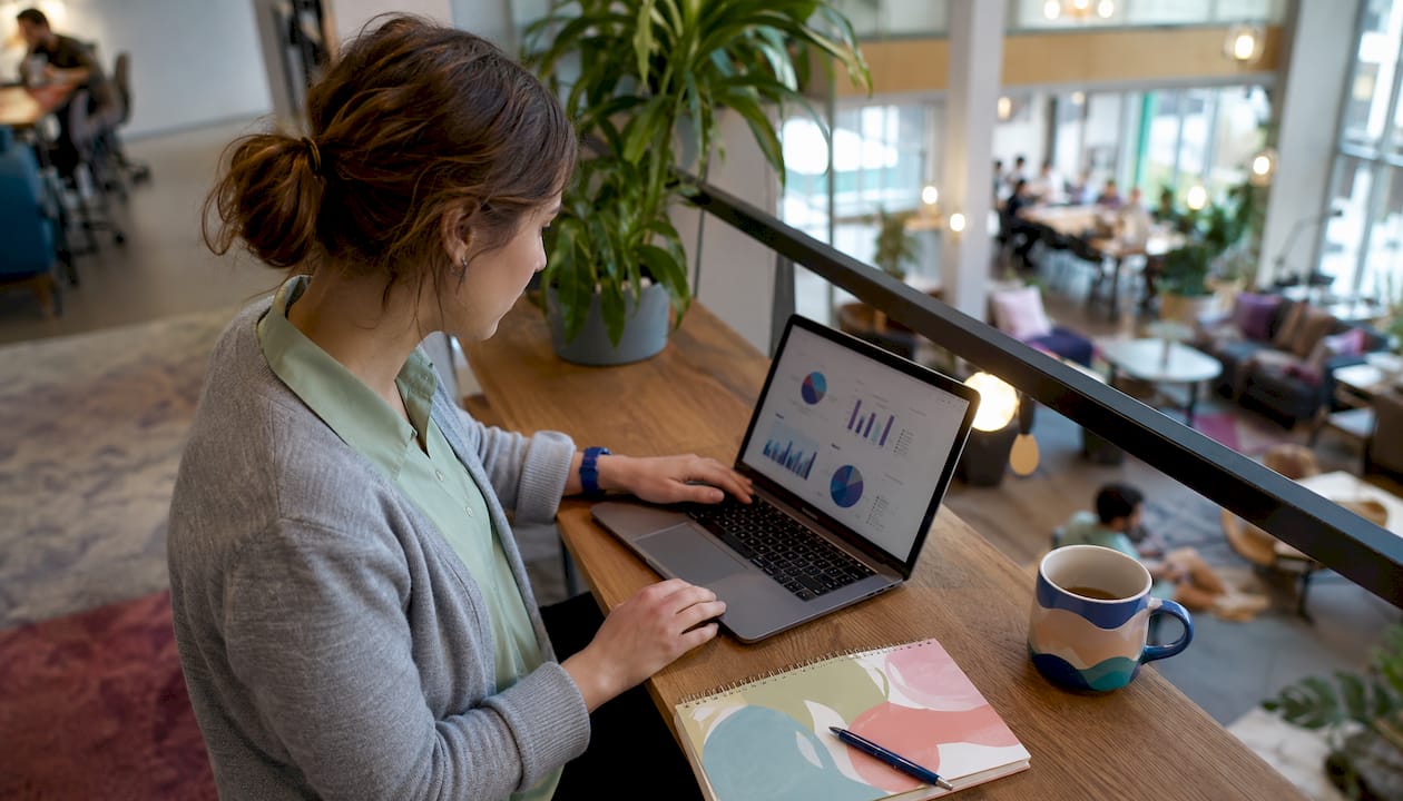 SEO professional reviewing AI SEO software in office