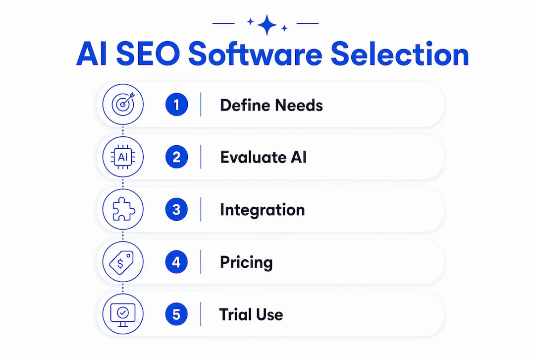 Infographic showing AI SEO software selection steps