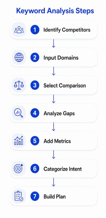 Infographic illustrating competitive keyword analysis steps