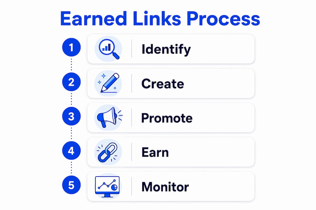 Infographic illustrating earned links process steps