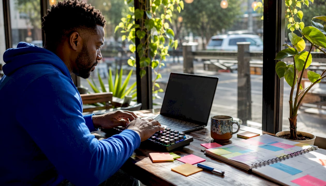 Hands typing on keyboard with SEO notes